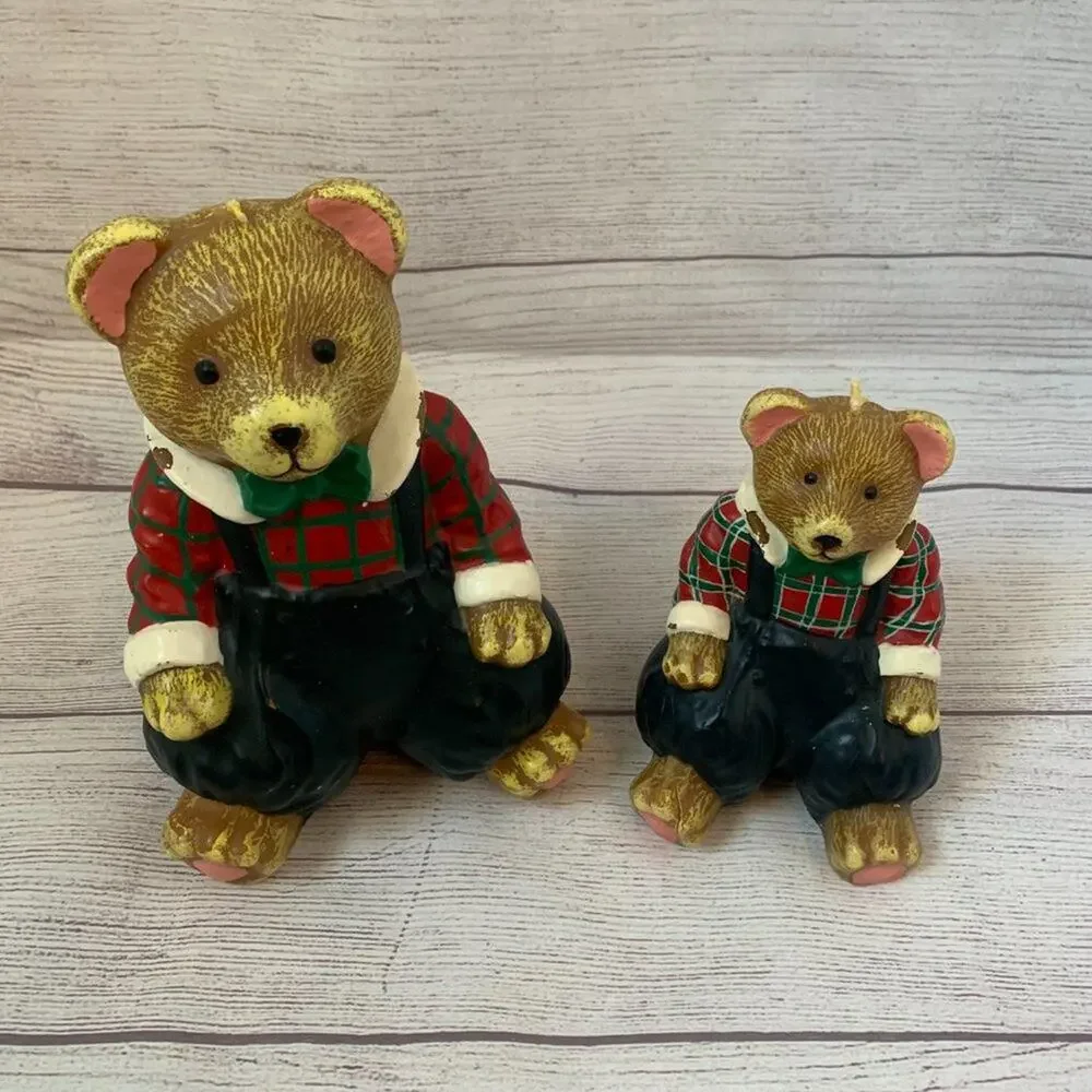 Vintage Teddy Bear Candles Set of 2 Bears with Bow Tie Plaid Shirt Overalls